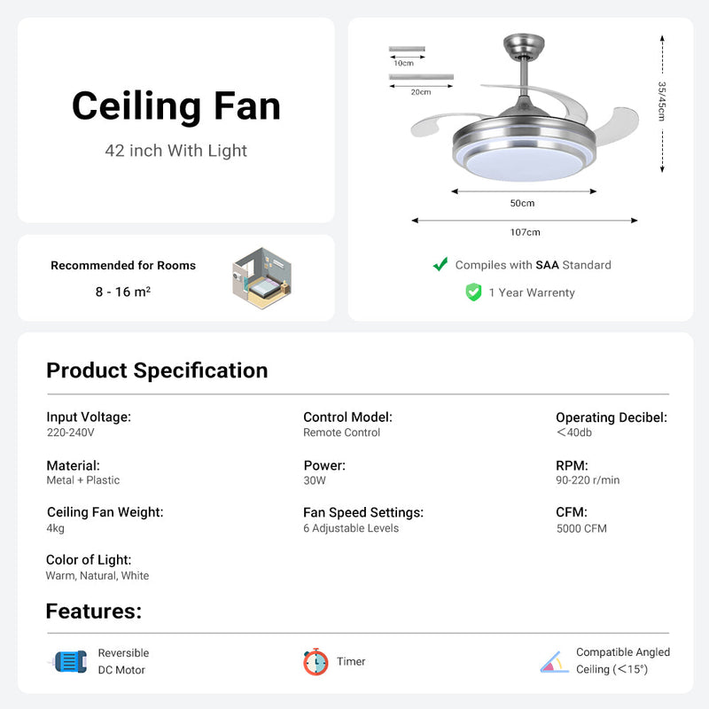 Silver Ceiling Fan with Light 42'' Fan with Remote Control CF-4201