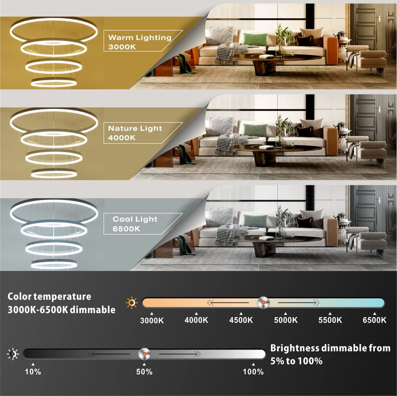 DIY 5/6 Rings Chandelier Modern Black White Dimmable Ceiling CL-NRBC