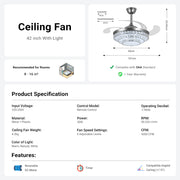 Ceiling Fan with Crystal Light 42'' Modern Silver Fan Remote CF-4202
