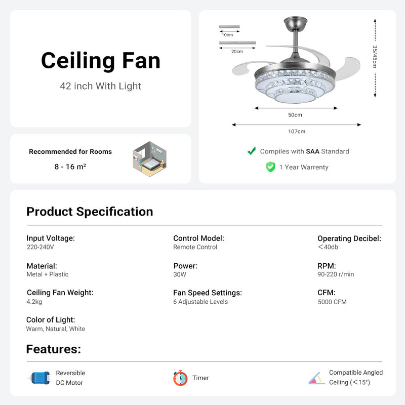 Ceiling Fan with Crystal Light 42'' Modern Silver Fan Remote CF-4202