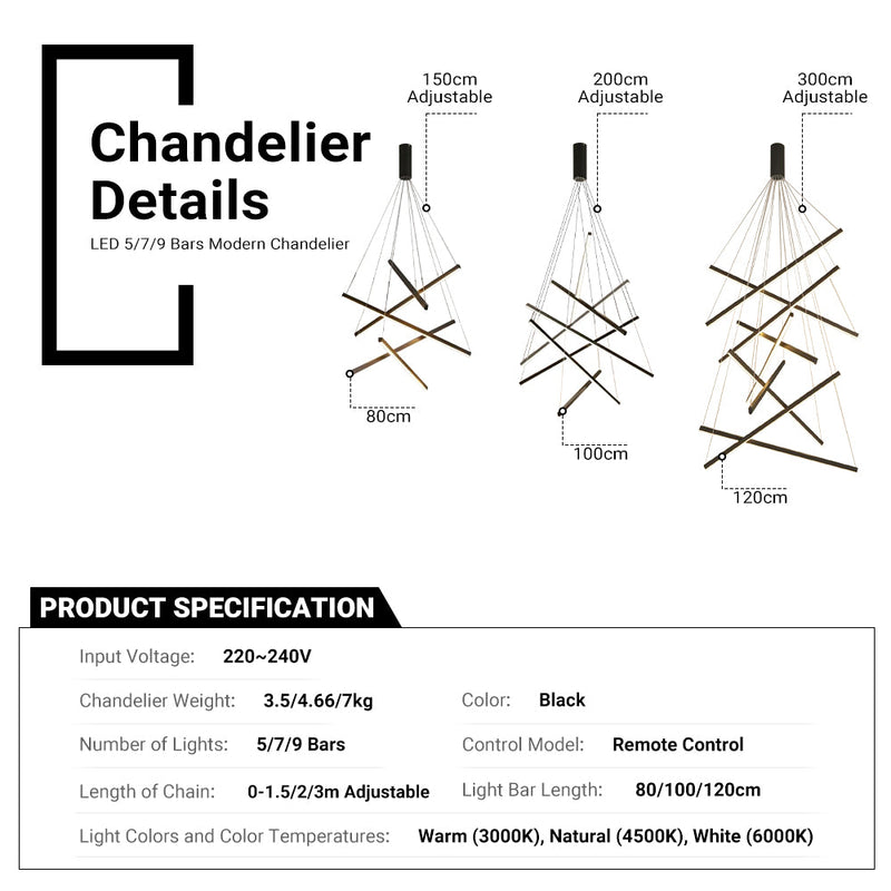 LED 5Bars Modern Chandelier Dimmable Adjustable Pendant Light CL-5BAR