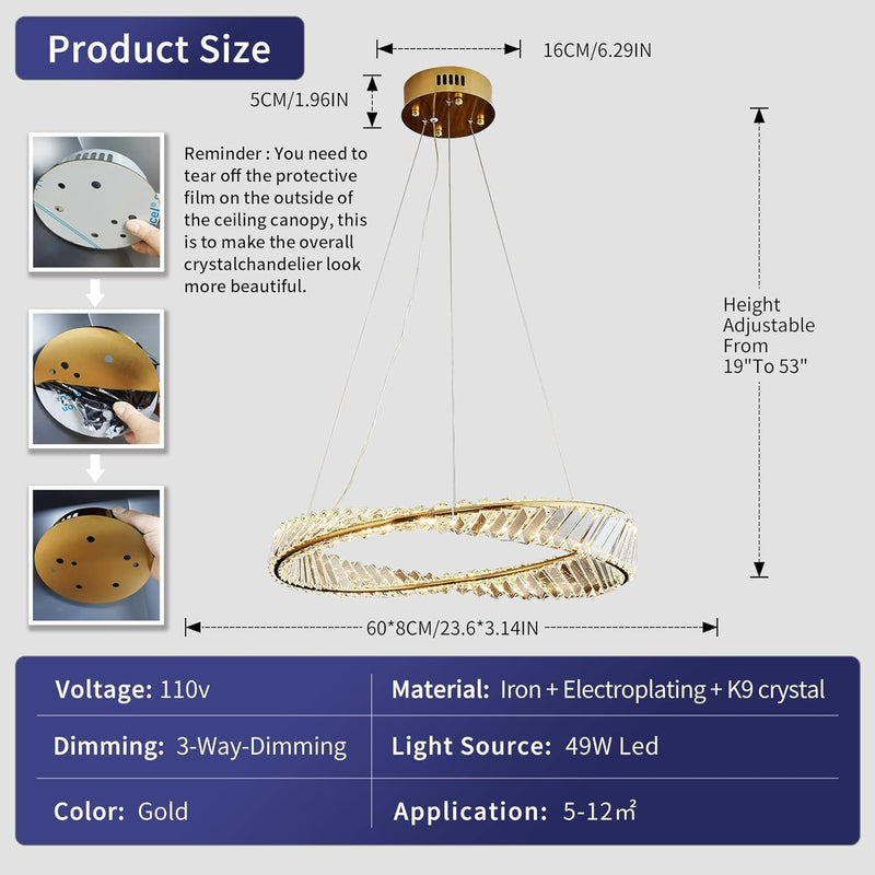 1 Ring Crystal Chandelier 60cm Gold 3 Colors With Remote CL-1R6