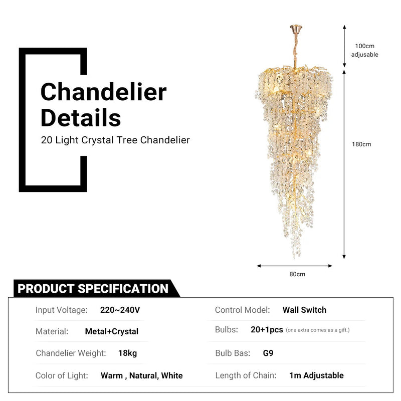 Crystal Branches Chandelier Luxury 20-Light Tree Branch Stair CL-CTC18