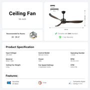 56" Black&Brown Ceiling Fan Remote Control 3 ABS Blades Timer CF-5602