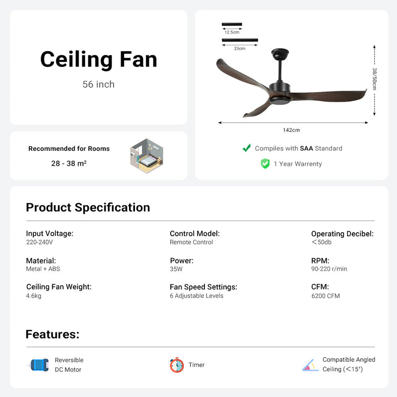 56" Black&Brown Ceiling Fan Remote Control 3 ABS Blades Timer CF-5602