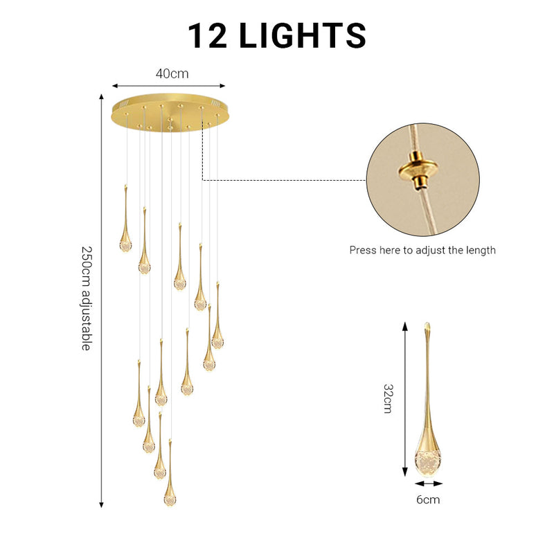 Staircase Raindrop Chandelier Modern 12/18-Light Gold Pendant CL-WDC