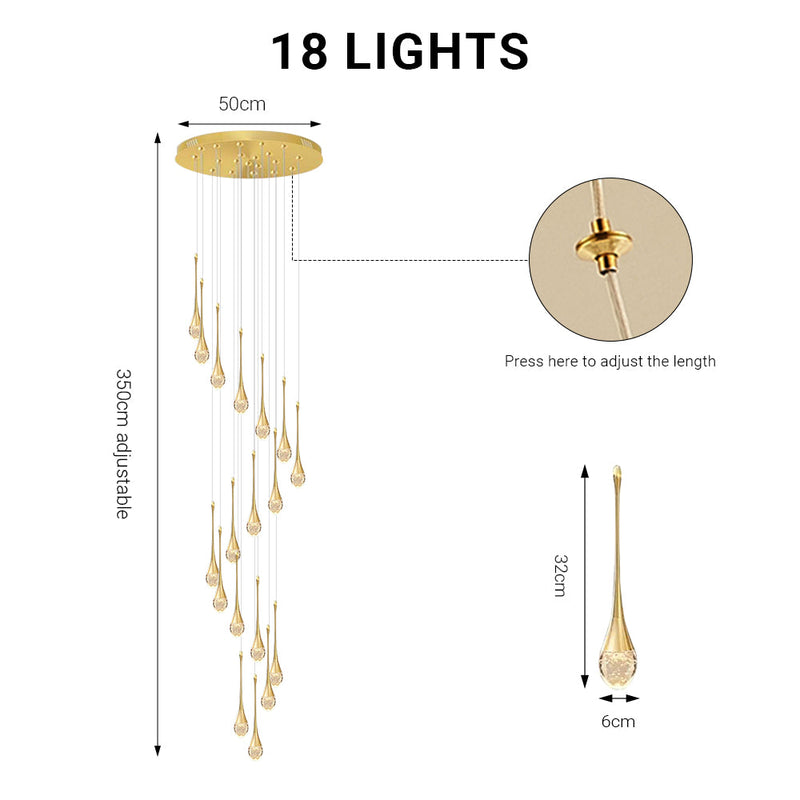 Staircase Raindrop Chandelier Modern 12/18-Light Gold Pendant CL-WDC