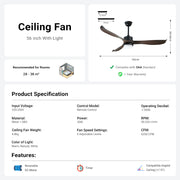 56" Ceiling Fan with Light Designer Black&Brown ABS Blades CF-5601