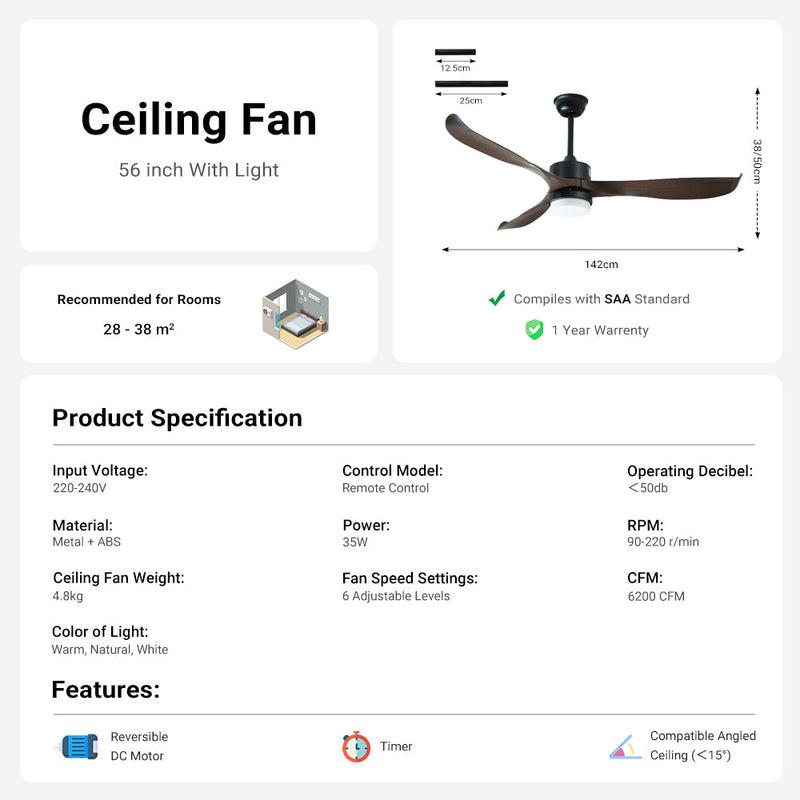 56" Ceiling Fan with Light Designer Black&Brown ABS Blades CF-5601