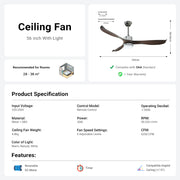 56" Ceiling Fan with Light Designer Silver&Brown ABS Blades CF-5603