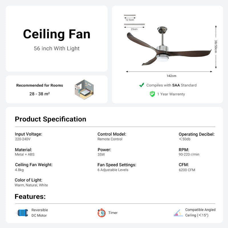 56" Ceiling Fan with Light Designer Silver&Brown ABS Blades CF-5603