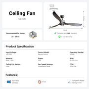 56"Silver&Brown Ceiling Fan Remote Control 3 ABS Blades Timer CF-5604