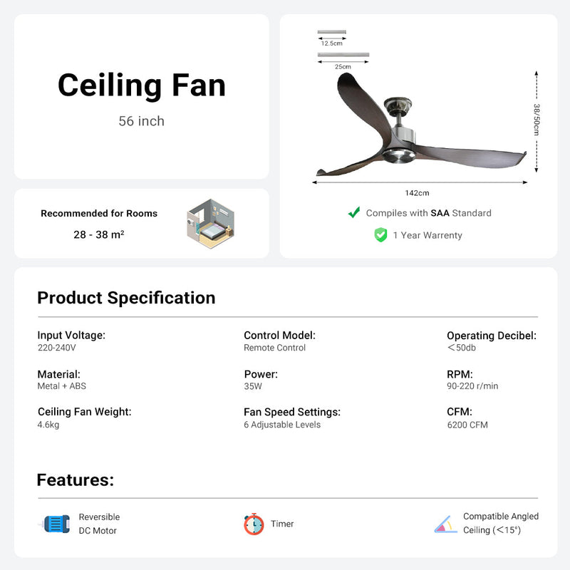 56"Silver&Brown Ceiling Fan Remote Control 3 ABS Blades Timer CF-5604