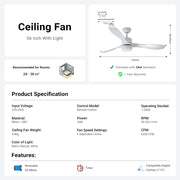 56'' Ceiling Fan with Light Designer Pure White  ABS Blades CF-5605