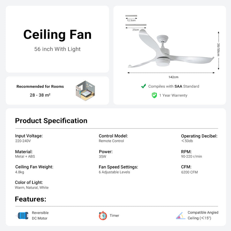 56'' Ceiling Fan with Light Designer Pure White  ABS Blades CF-5605