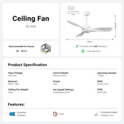 56" Pure White Ceiling Fan Remote Control 3 ABS Blades Timer CF-5606