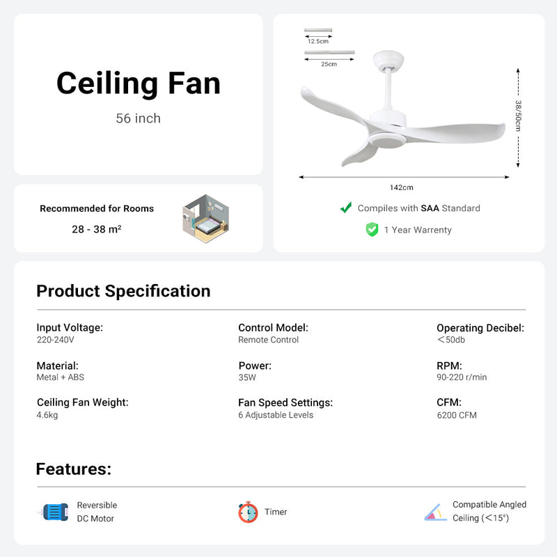 56" Pure White Ceiling Fan Remote Control 3 ABS Blades Timer CF-5606