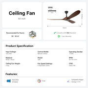 3 Wood Blades Ceiling Fan 60" Brown Designer with Remote CF-6001