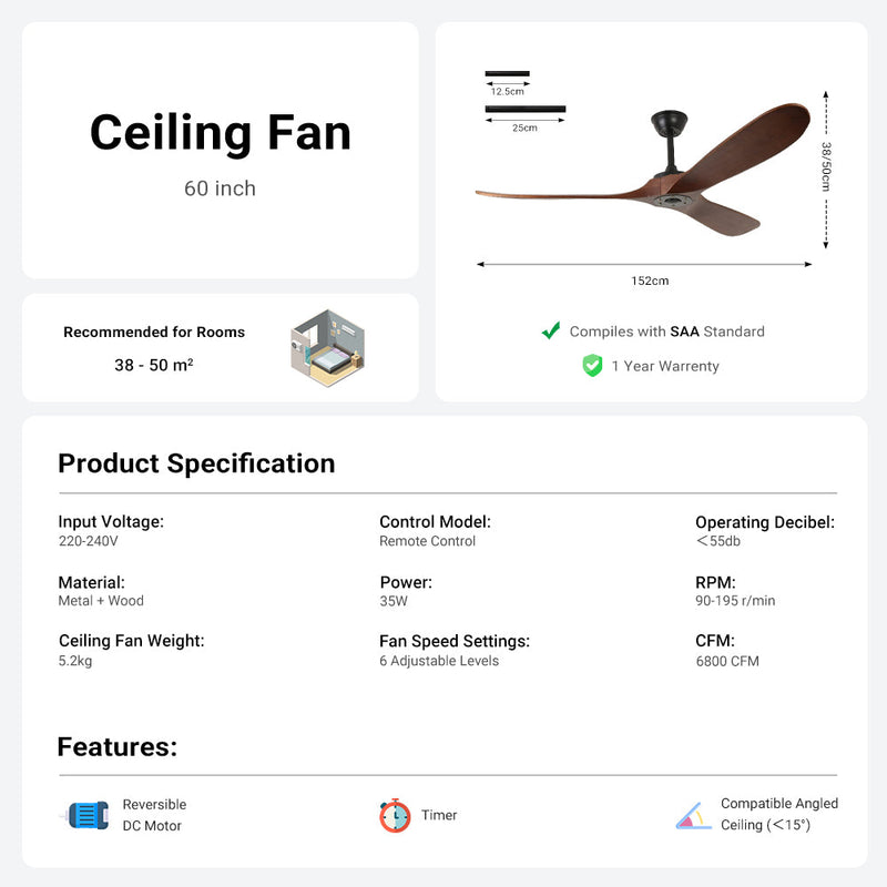 3 Wood Blades Ceiling Fan 60" Brown Designer with Remote CF-6001