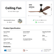52'' Ceiling Fan with Light Modern Black&Brown with Remote CF-5201