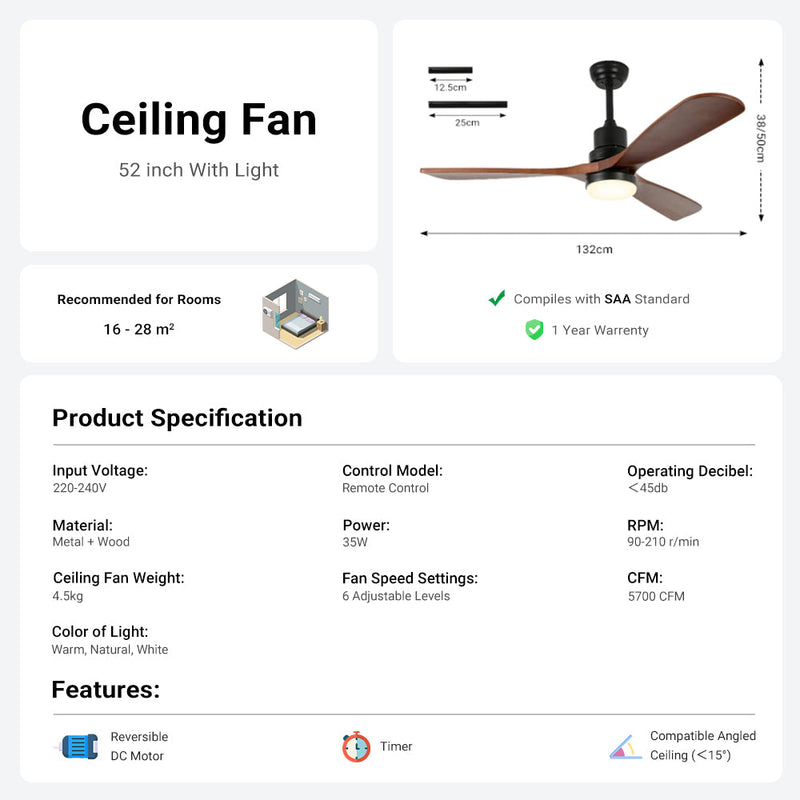 52'' Ceiling Fan with Light Modern Black&Brown with Remote CF-5201