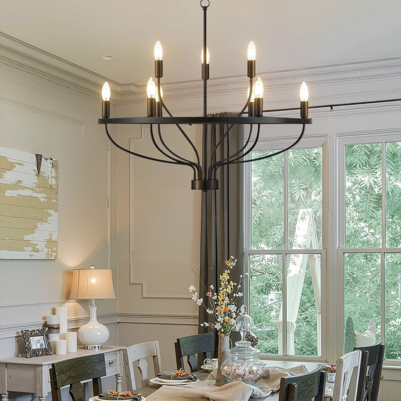 9 Lights Candle Chandelier Black Farmhouse & Industrial Pendant CL-9HCCB