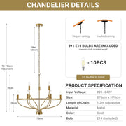 9 Lights Candle Chandelier Gold Farmhouse & Industrial Pendant CL-9HCCG