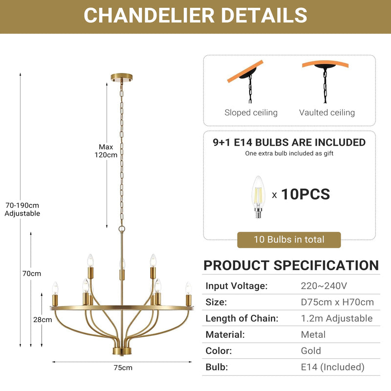 9 Lights Candle Chandelier Gold Farmhouse & Industrial Pendant CL-9HCCG