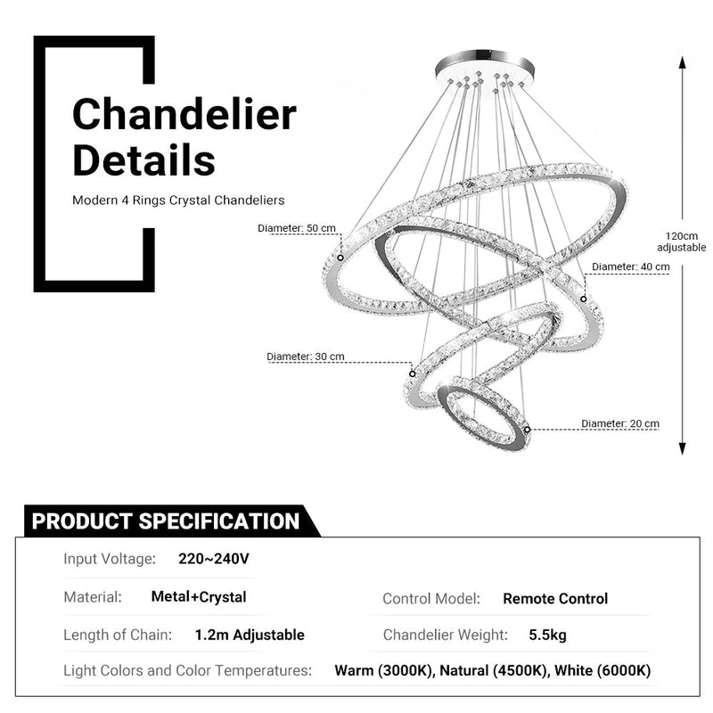 4/6Rings Crystal Chandelier Modern LED Stair High Ceiling CL-4RC