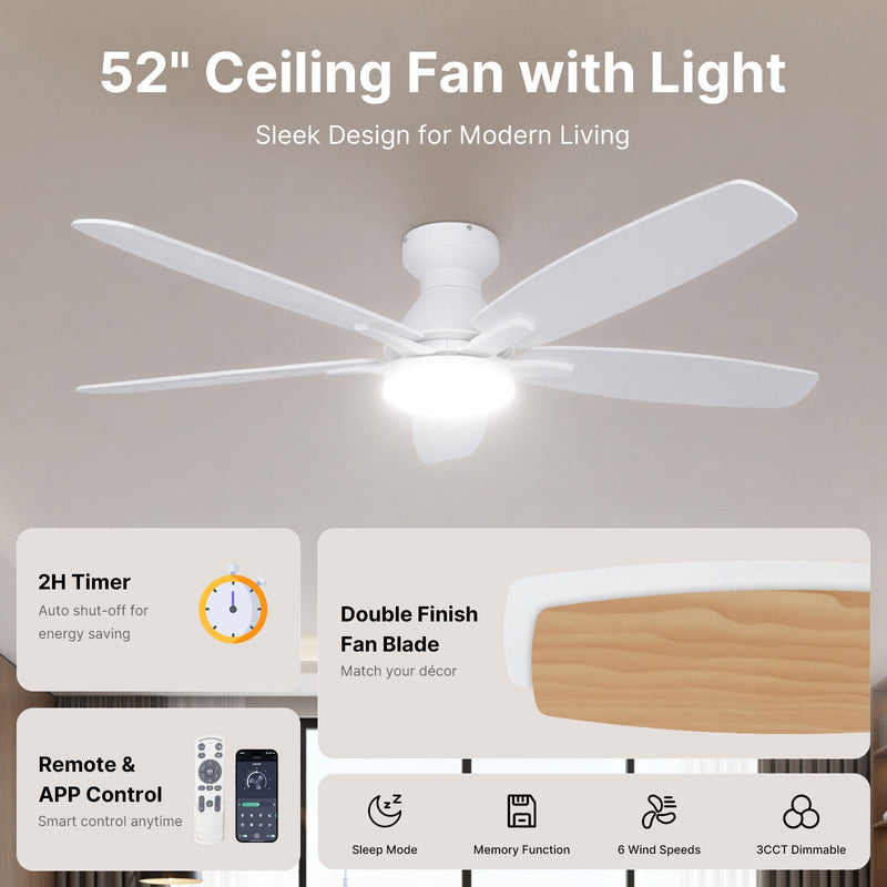 Ceiling Fan with Light 52" DC Motor 5 Wood Blades White CF-52JYFW