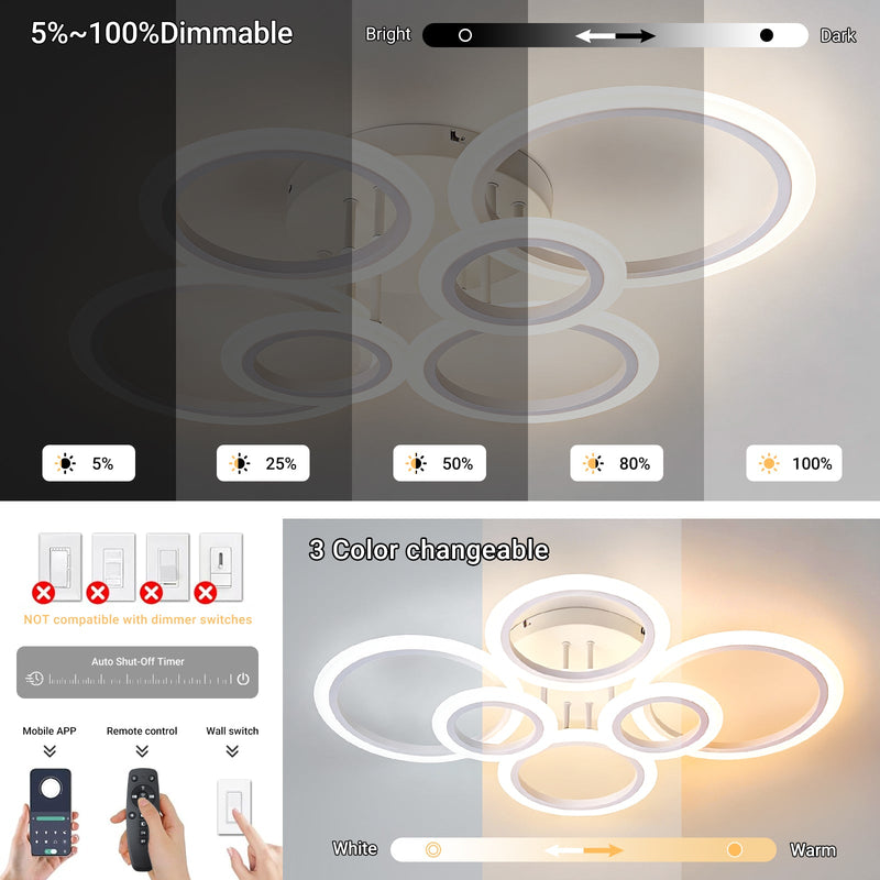 Modern LED Ceiling Light 6/8 Ring Dimmable Flush Mount Light Remote App White CL-RWT