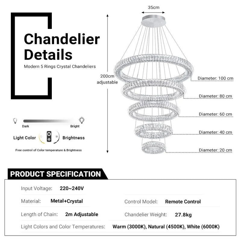 5 Rings Crystal Chandelier Modern LED Stair High Ceiling CL-5RCCS