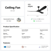 3 Wood Blades Black Ceiling Fan 60" Designer with Remote CF-6002
