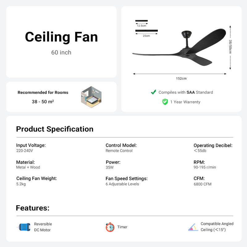 3 Wood Blades Black Ceiling Fan 60" Designer with Remote CF-6002
