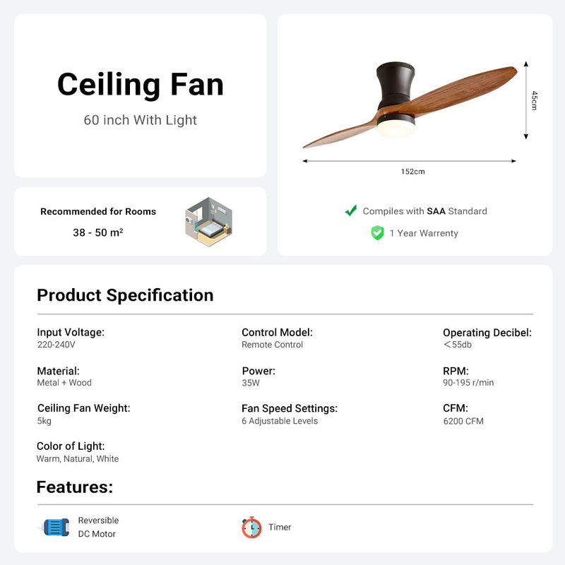 Ceiling Fan With LED Light 60"Designer 2Wood Coffee Blades 60W CF-6003