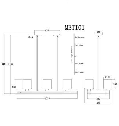 CLA Lighting METI01 rectangular pendant dimensions diagram