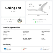 52'' Pure White Ceiling Fan Remote Reversible DC Motor Timer CF-5211