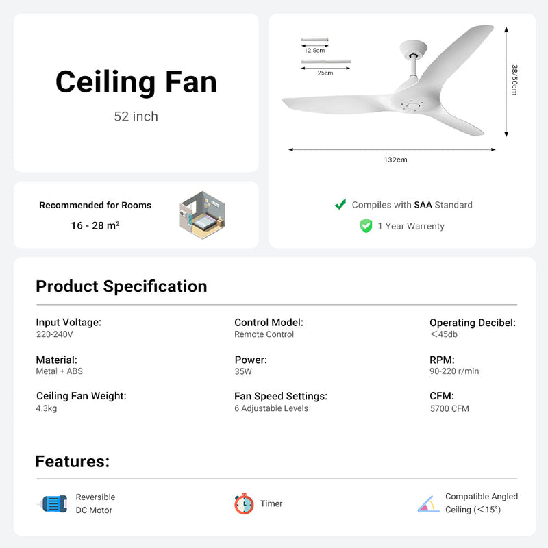 52'' Pure White Ceiling Fan Remote Reversible DC Motor Timer CF-5211
