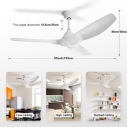 52'' Pure White Ceiling Fan Remote Reversible DC Motor Timer CF-5211