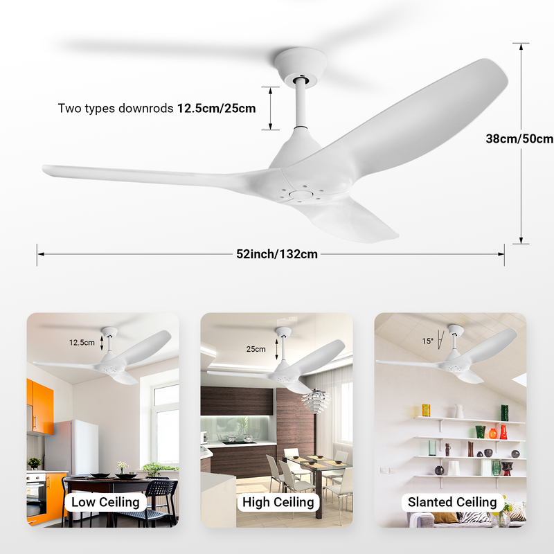 52'' Pure White Ceiling Fan Remote Reversible DC Motor Timer CF-5211