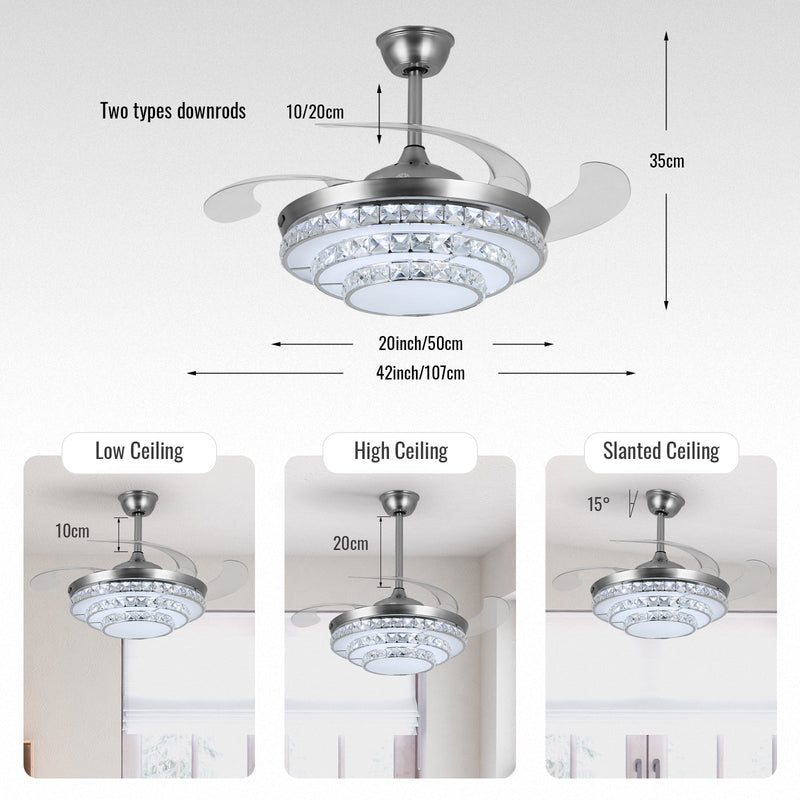 Ceiling Fan with Crystal Light 42'' Modern Silver Fan Remote CF-4202