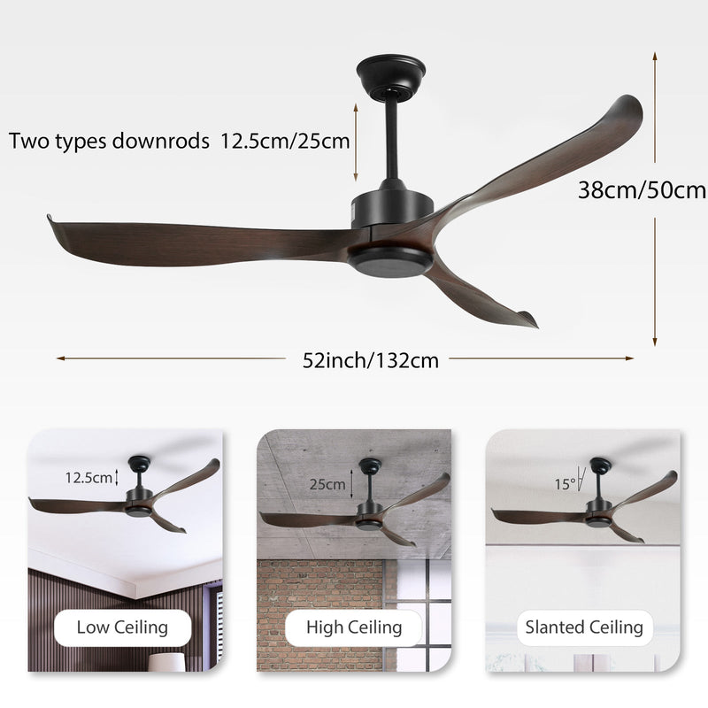56" Black&Brown Ceiling Fan Remote Control 3 ABS Blades Timer CF-5602