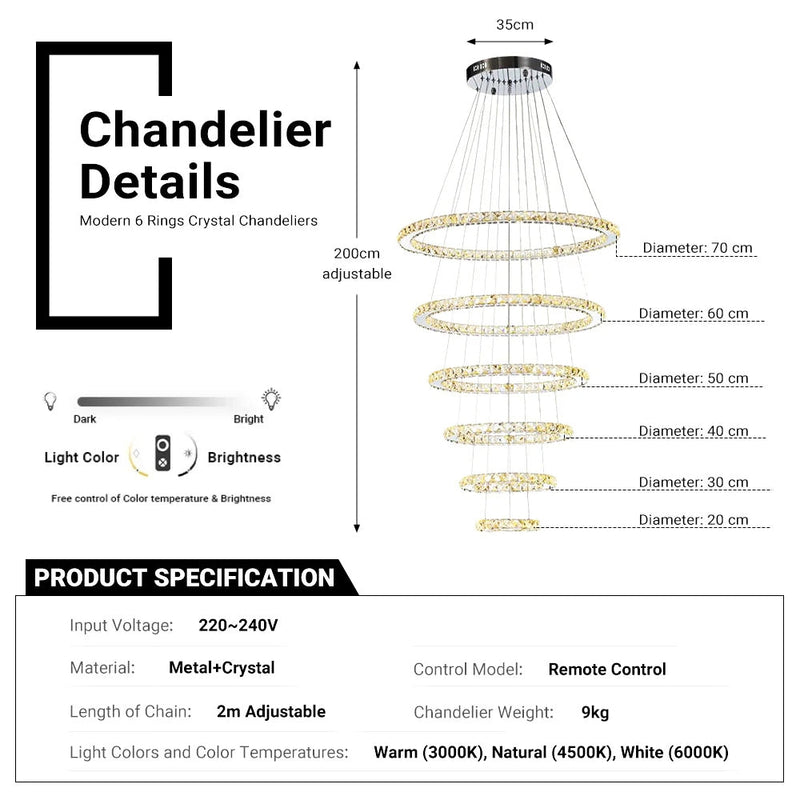 4/6Rings Crystal Chandelier Modern LED Stair High Ceiling CL-4RC