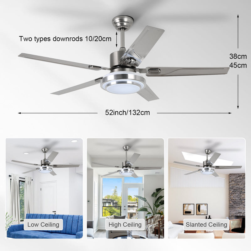 Silver Ceiling Fan with Light 52'' Modern fan with Remote CF-5208