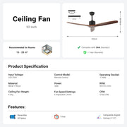 3 Wood Blades Ceiling Fan 52" Designer Indoor Remote Control CF-5202