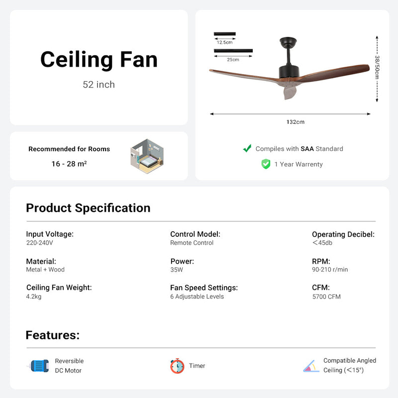 3 Wood Blades Ceiling Fan 52" Designer Indoor Remote Control CF-5202