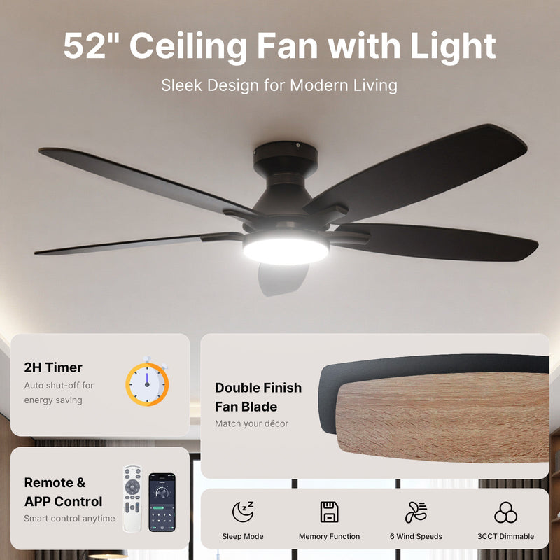 Ceiling Fan with Light 52" DC Motor 5 Wood Blades Black CF-52JYFB