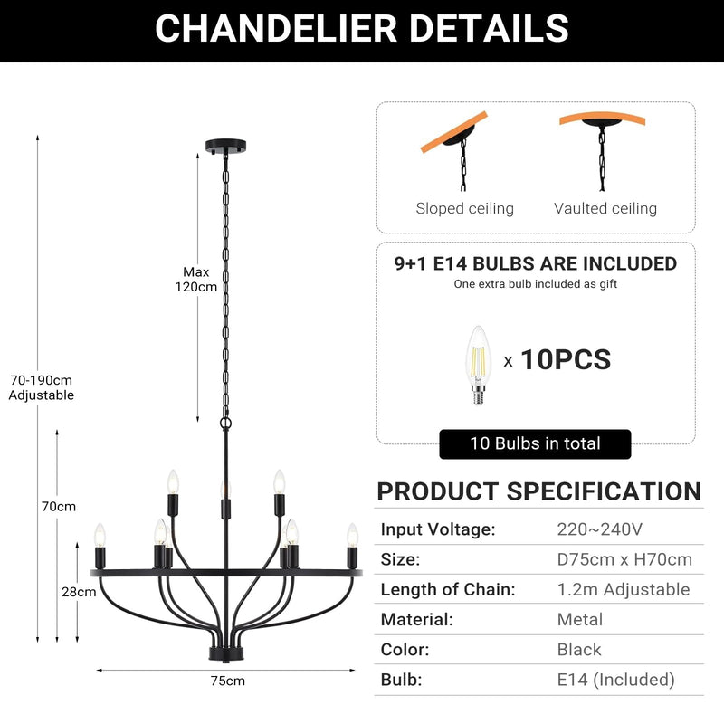 9 Lights Candle Chandelier Black Farmhouse & Industrial Pendant CL-9HCCB