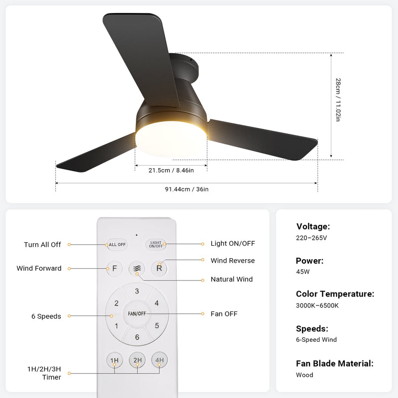 Ceiling Fan with Light 36/42" DC Motor 3 Wood Blades Black CF-JYFB