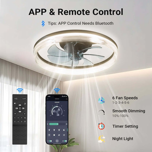 Flush Mount Ceiling Fan 50cm Crystal Light APP Remote Black CF-FMW